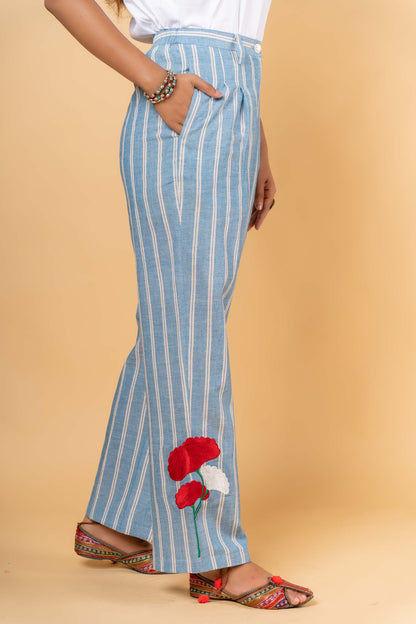 BLUE KHARI COTTON EMBROIDERED HIGH WAIST PANT-NFB23