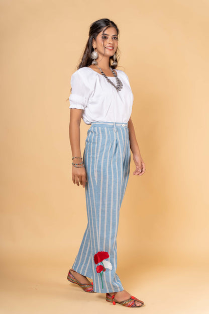BLUE KHARI COTTON EMBROIDERED HIGH WAIST PANT-NFB23