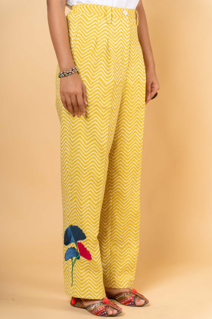 YELLOW COTTON EMBROIDERED HIGH WAIST PANT-NFB24