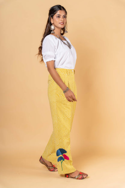 YELLOW COTTON EMBROIDERED HIGH WAIST PANT-NFB24