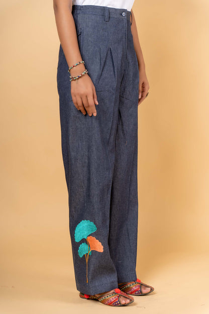 DENIM EMBROIDERED HIGH WAIST PANT-NFB22