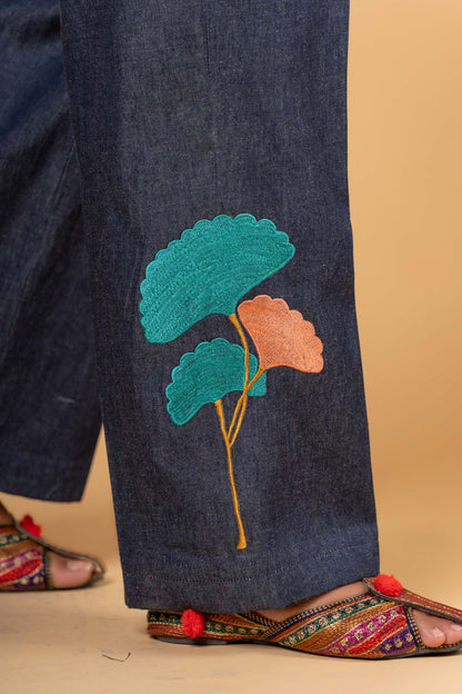 DENIM EMBROIDERED HIGH WAIST PANT-NFB22
