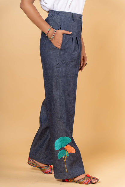 DENIM EMBROIDERED HIGH WAIST PANT-NFB22