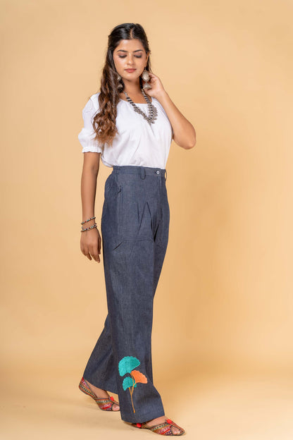 DENIM EMBROIDERED HIGH WAIST PANT-NFB22