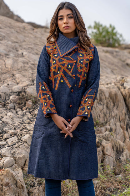 Denim Embroidered Quilted Bukhara Coat-NVQJ358