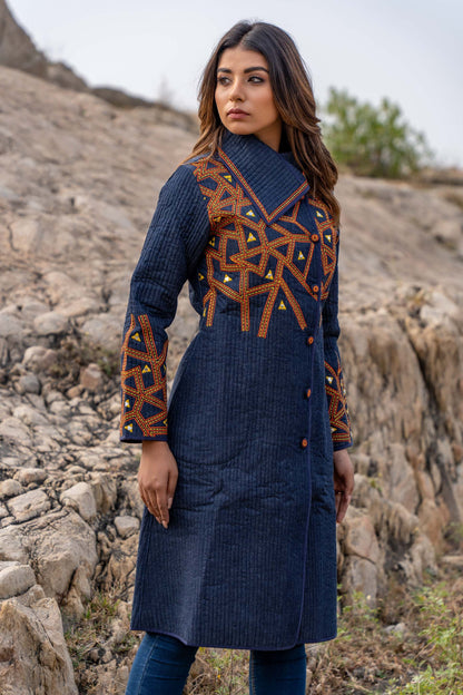 Denim Embroidered Quilted Bukhara Coat-NVQJ358
