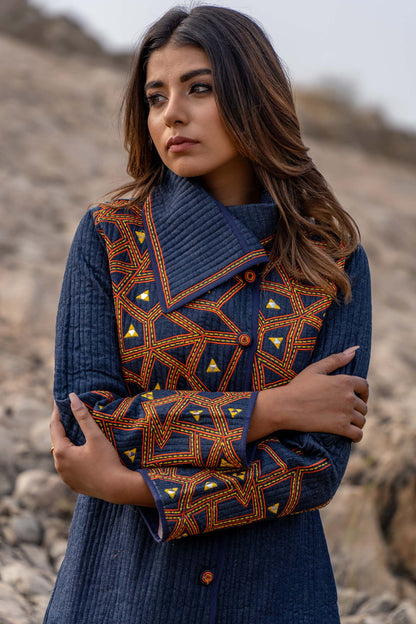 Denim Embroidered Quilted Bukhara Coat-NVQJ358
