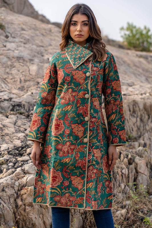 Green Floral Block Printed Quilted Bukhara Coat-NVQJ330