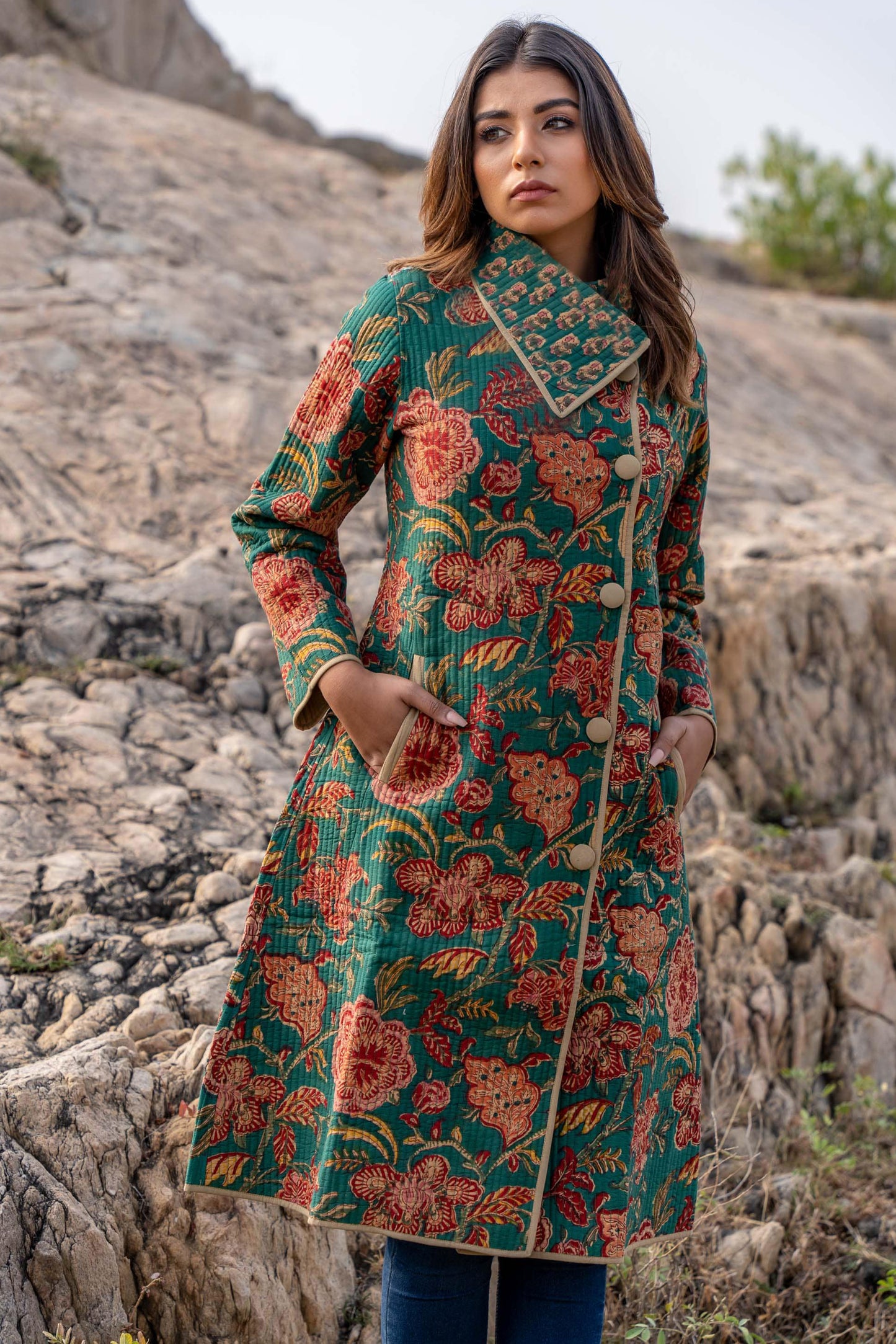 Green Floral Block Printed Quilted Bukhara Coat-NVQJ330