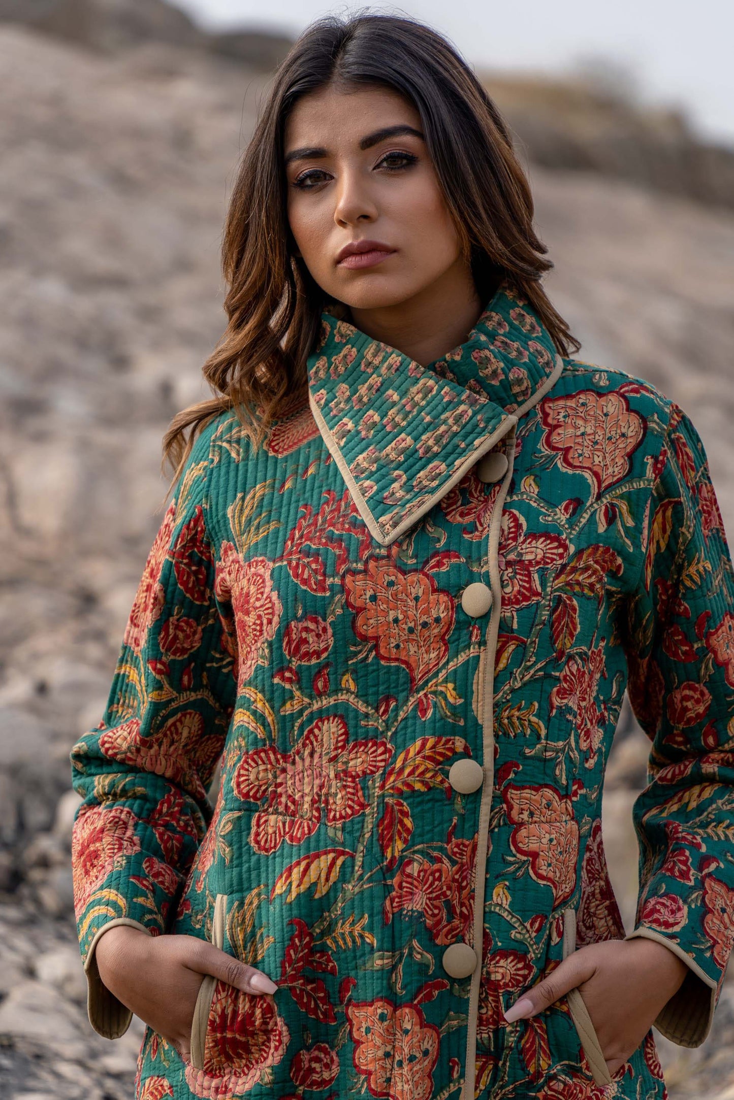 Green Floral Block Printed Quilted Bukhara Coat-NVQJ330