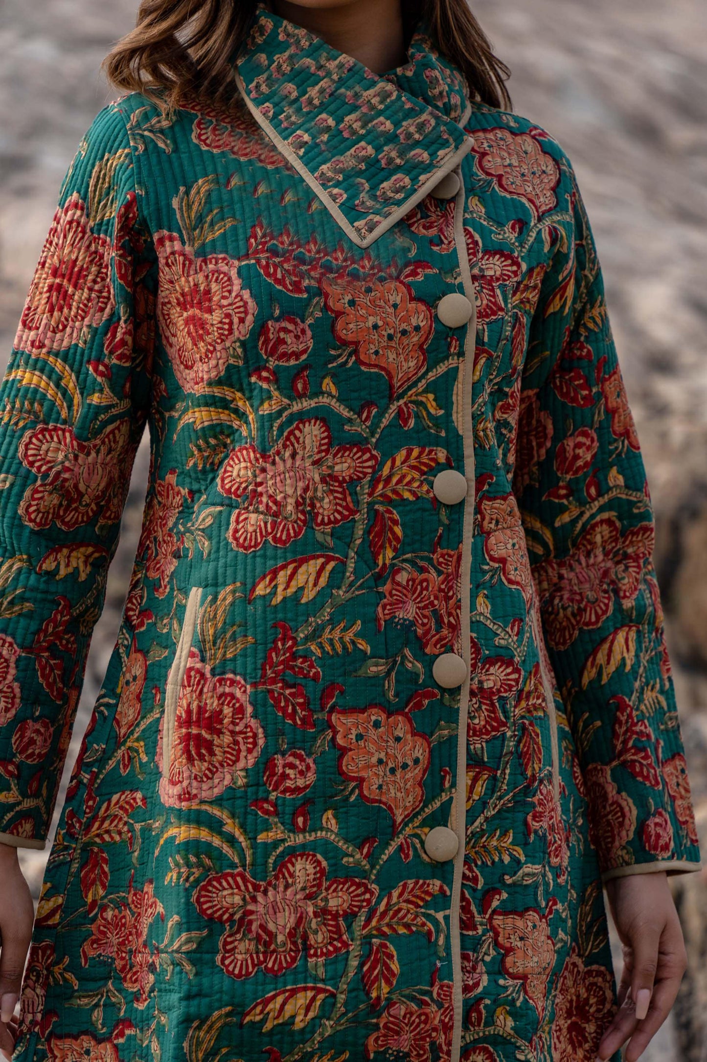 Green Floral Block Printed Quilted Bukhara Coat-NVQJ330