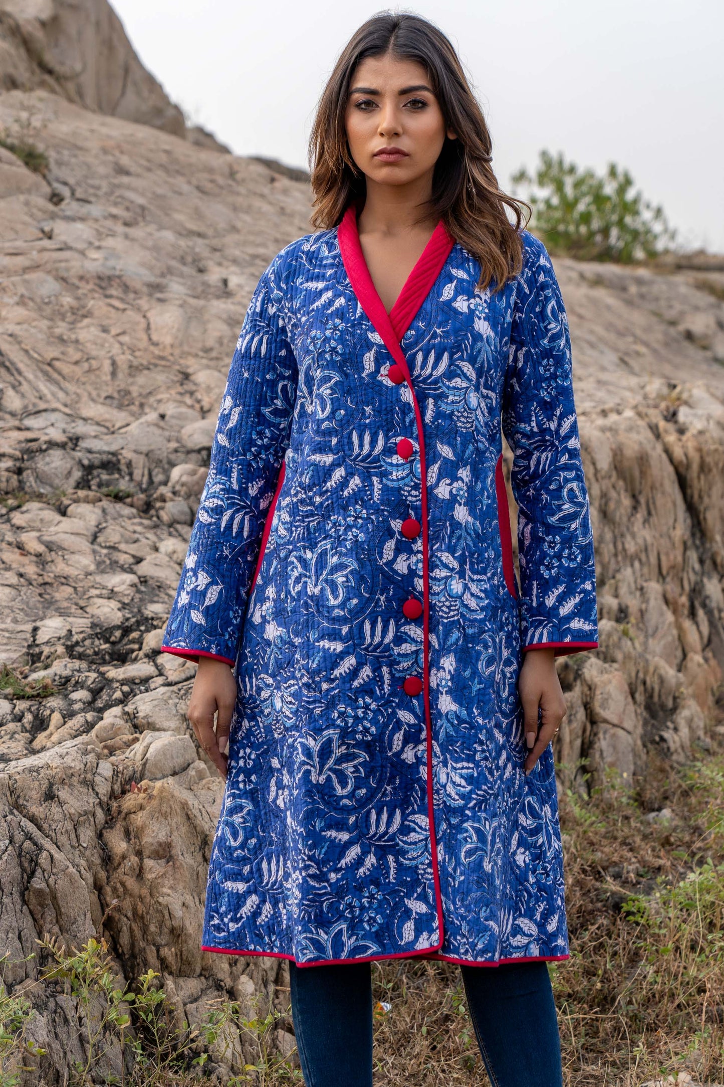 Blue Block Printed Quilted Long Coat-NVQJ335