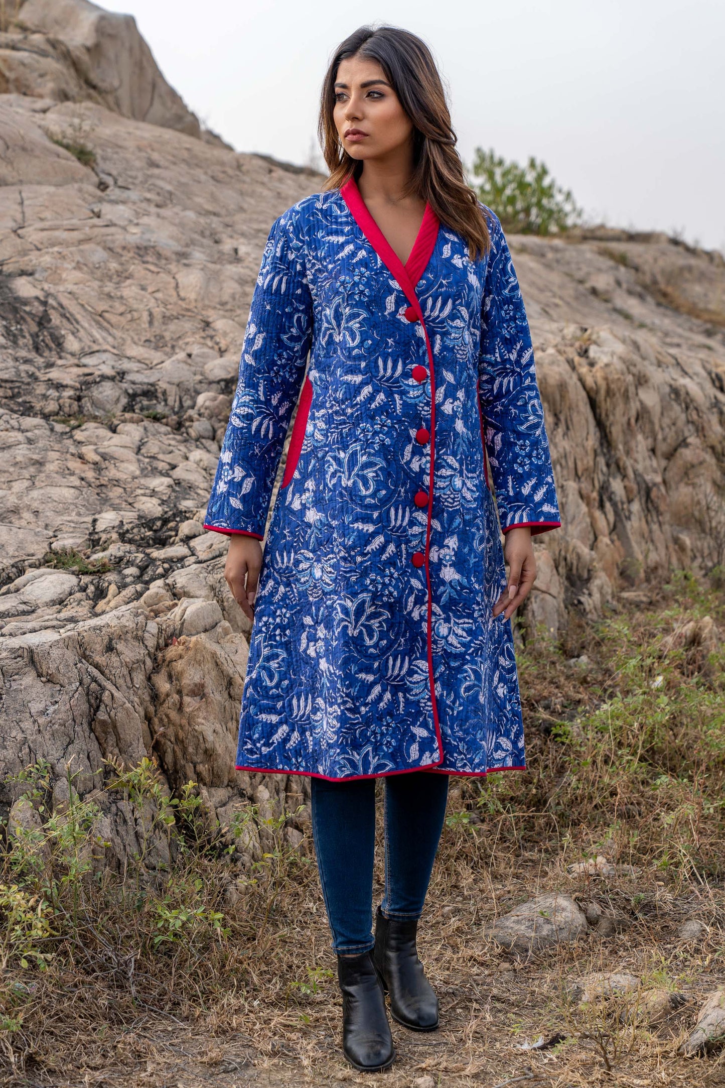 Blue Block Printed Quilted Long Coat-NVQJ335