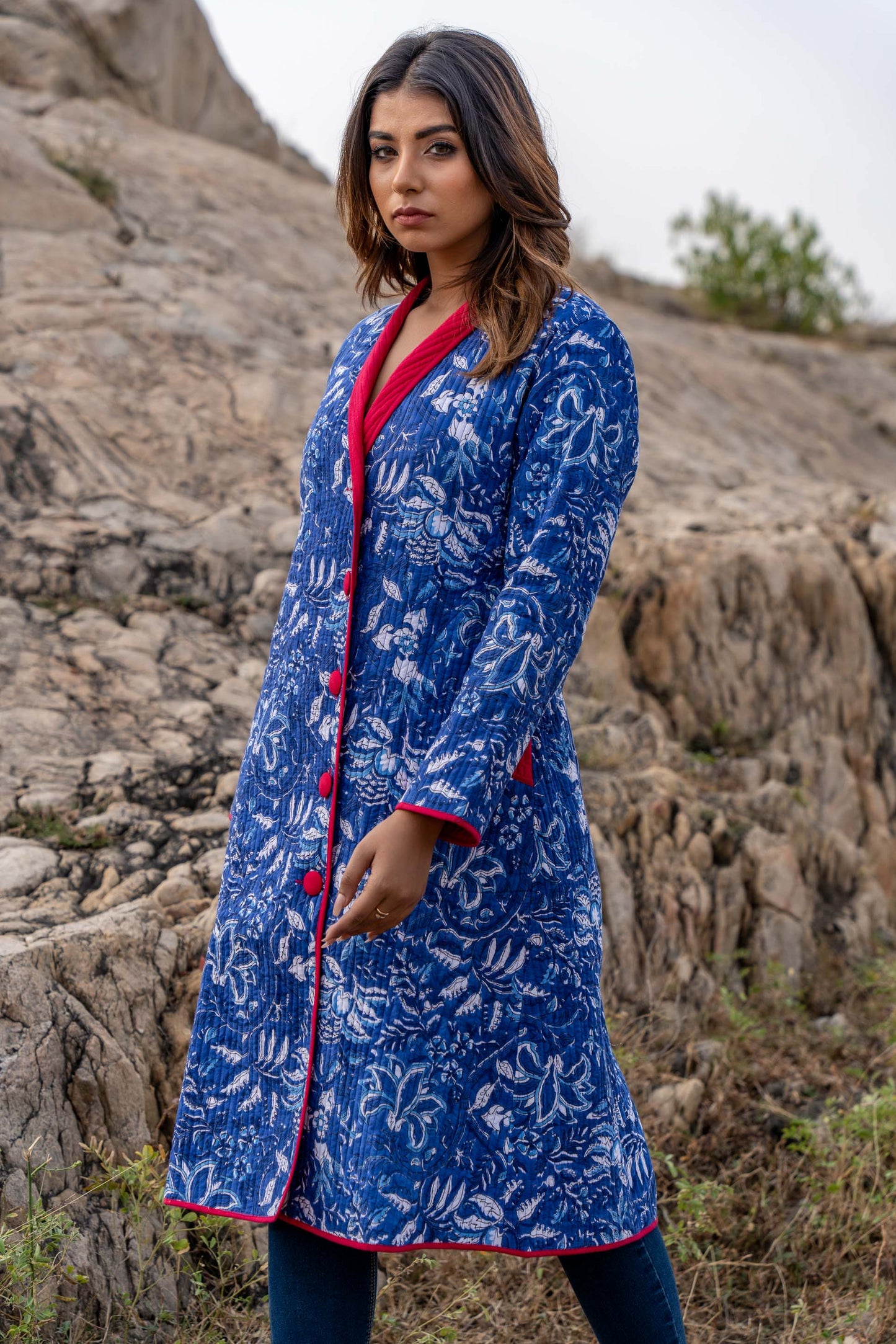 Blue Block Printed Quilted Long Coat-NVQJ335