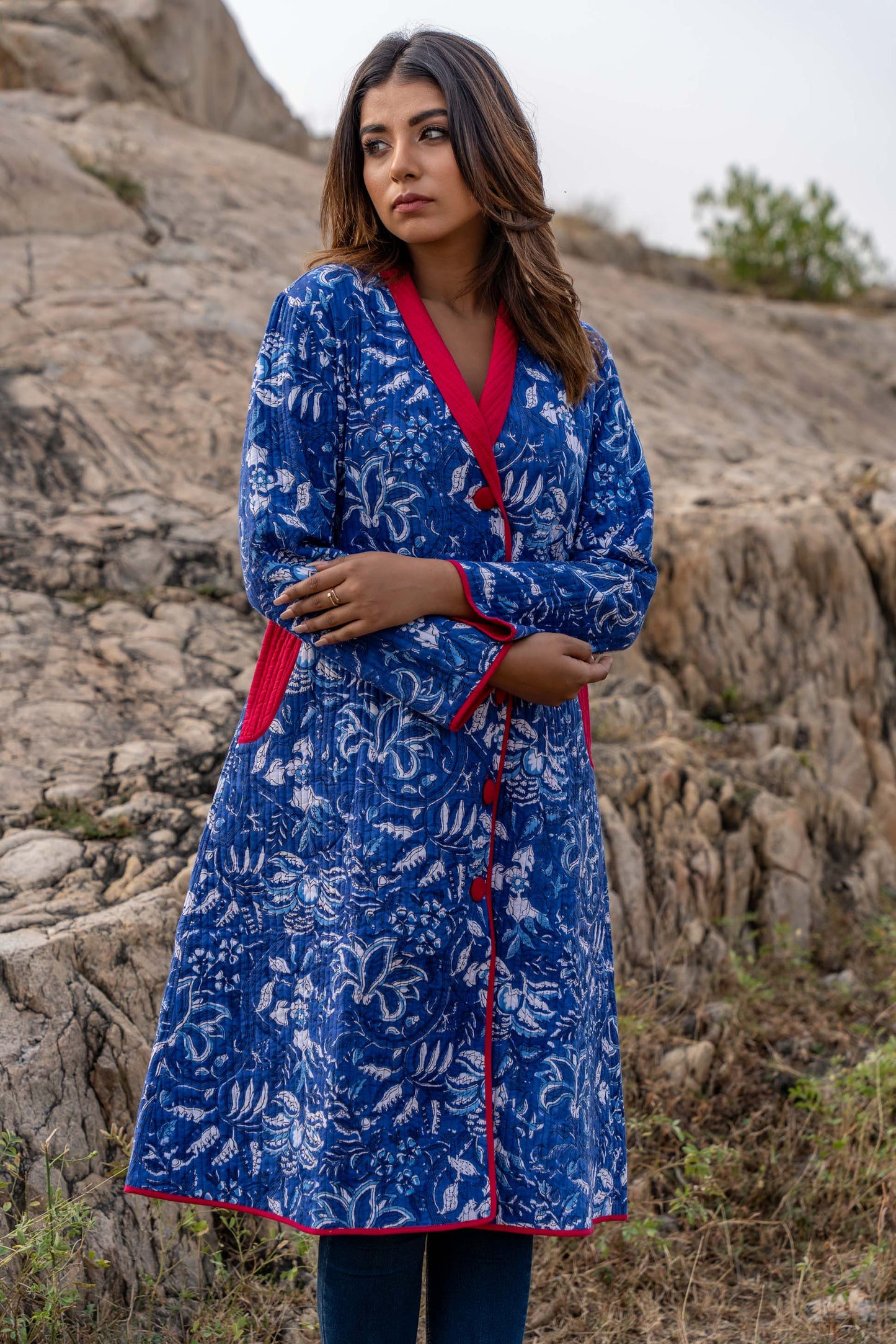 Blue Block Printed Quilted Long Coat-NVQJ335