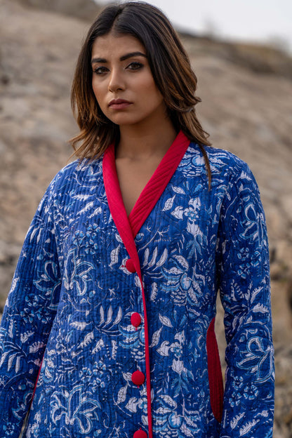 Blue Block Printed Quilted Long Coat-NVQJ335 SALE