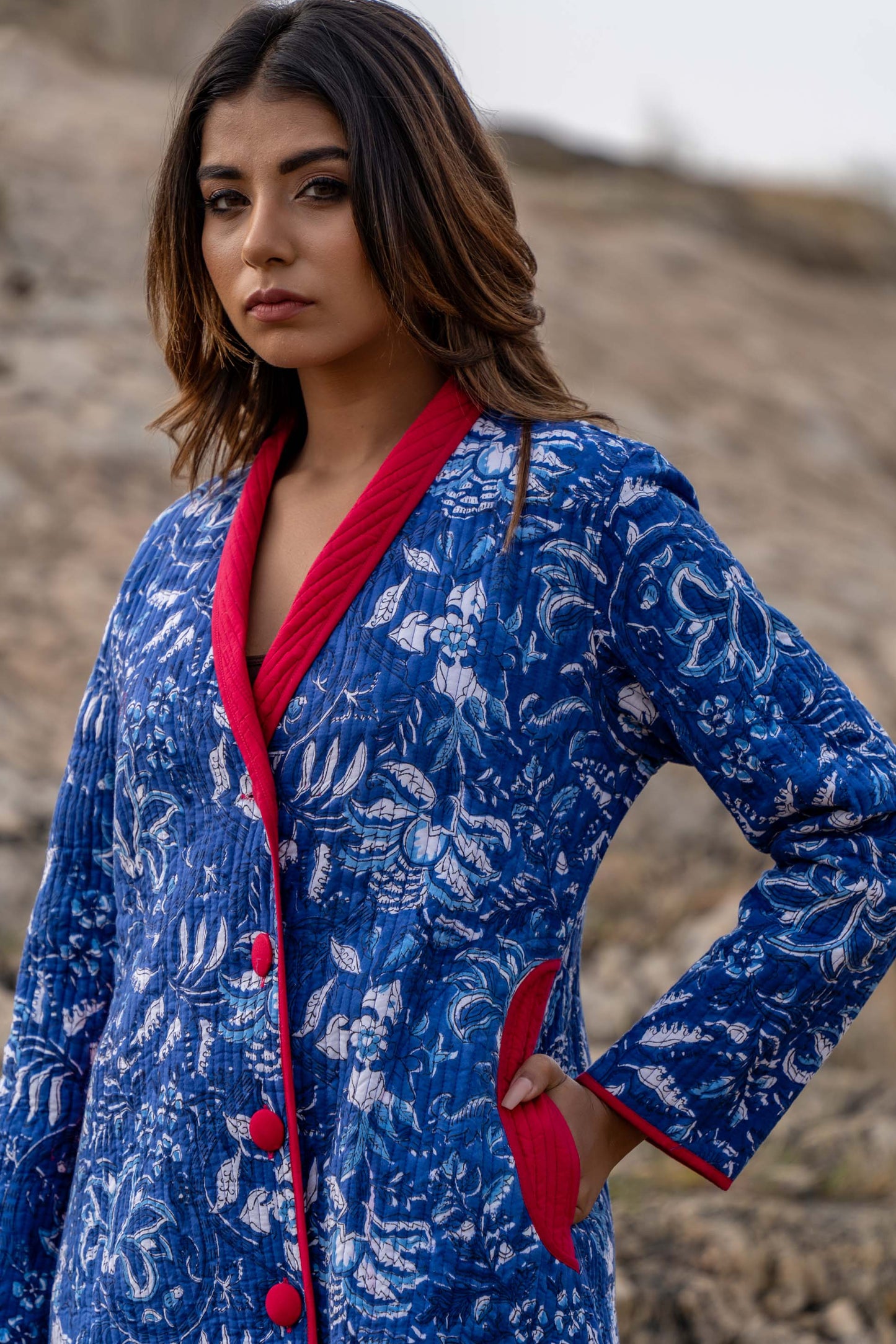 Blue Block Printed Quilted Long Coat-NVQJ335