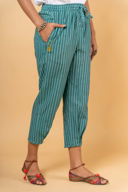 BLUISH GREEN HANDWOVEN CAPRI PANT-NFB12