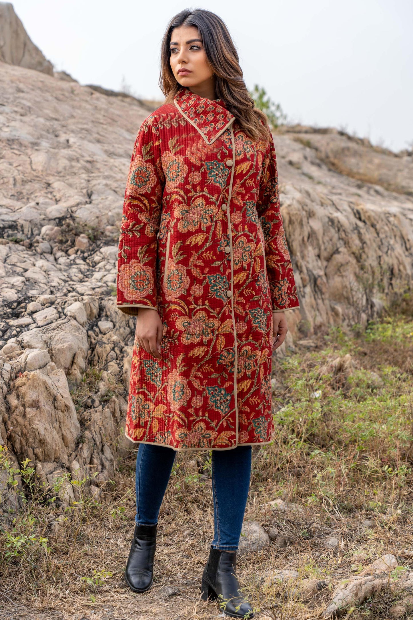 Red Floral Block Printed Quilted Bukhara Coat-NVQJ357