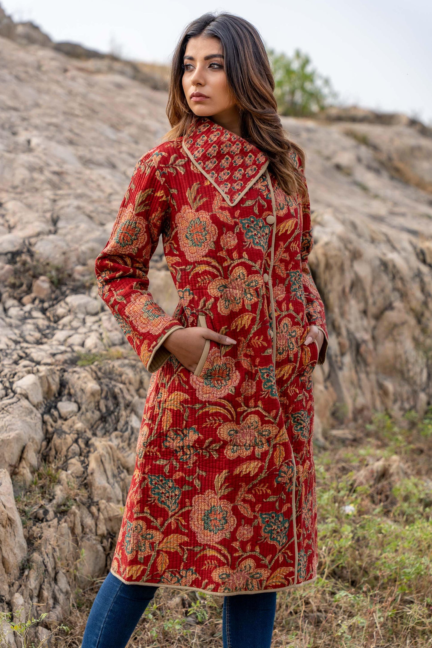 Red Floral Block Printed Quilted Bukhara Coat-NVQJ357