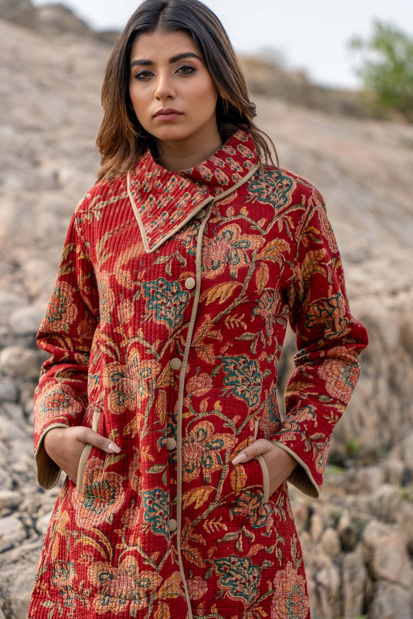 Red Floral Block Printed Quilted Bukhara Coat-NVQJ357