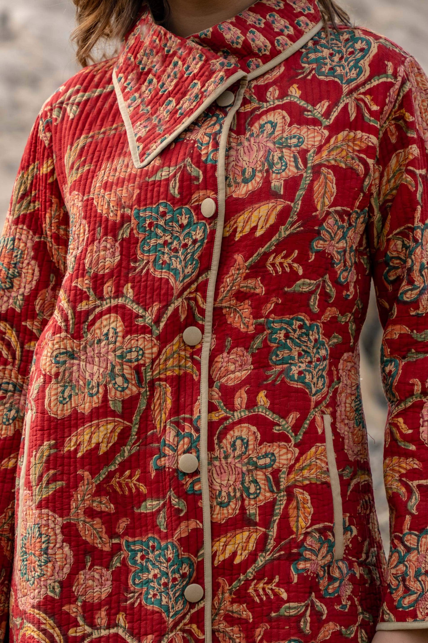 Red Floral Block Printed Quilted Bukhara Coat-NVQJ357