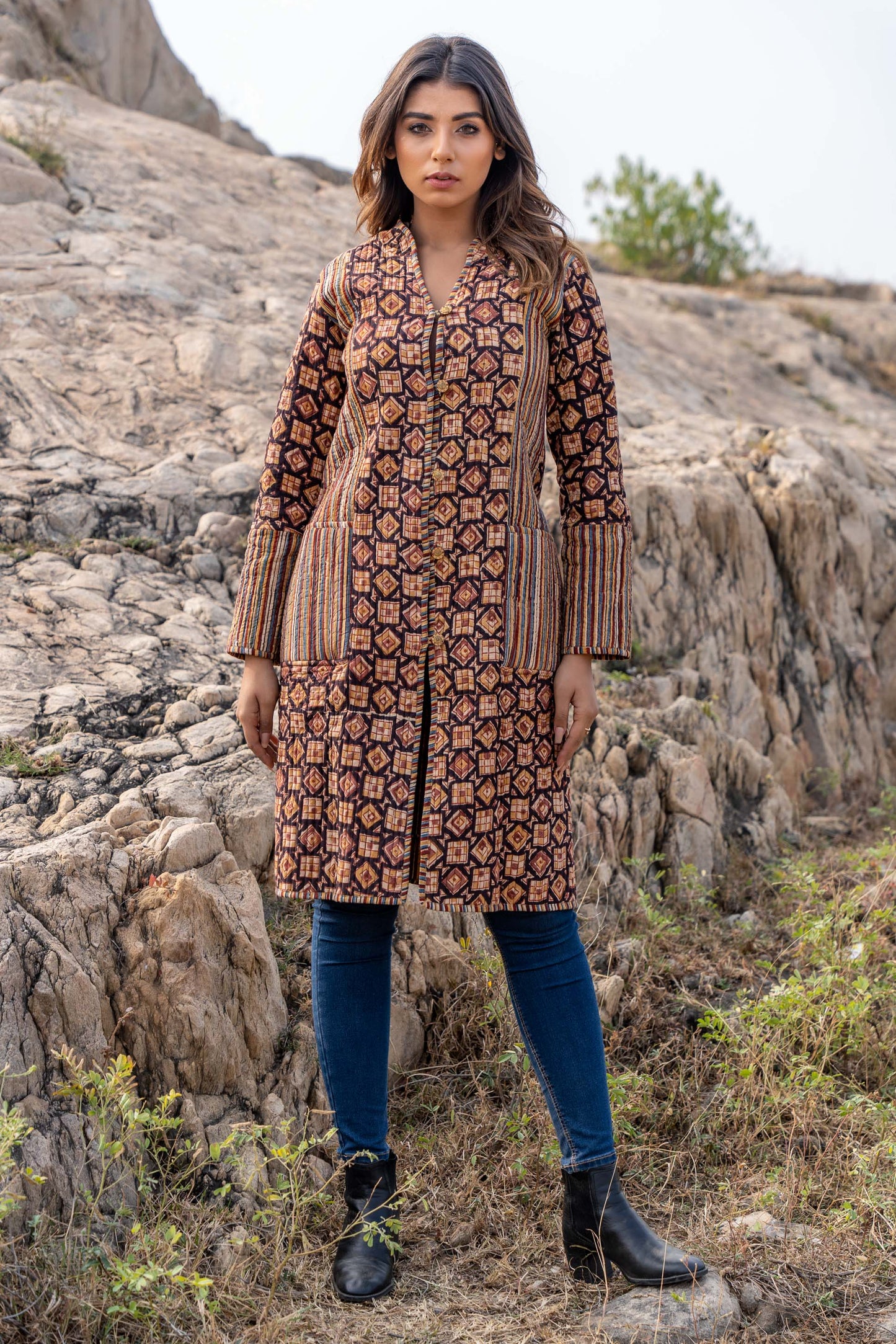 Black Kalamkari Quilted Reversible Coat-NVQJ334