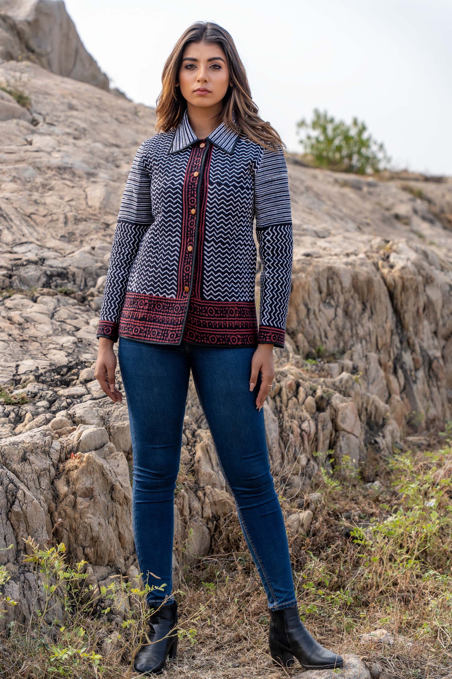 Black Bagru Hand Block Printed Quilted Jacket- NVQJ339 SALE