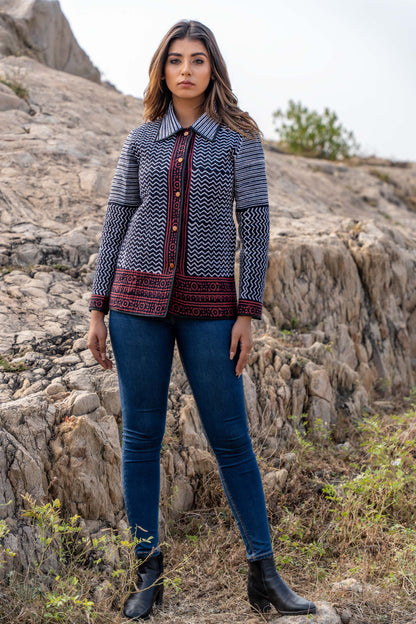 Black Bagru Hand Block Printed Quilted Jacket- NVQJ339 SALE