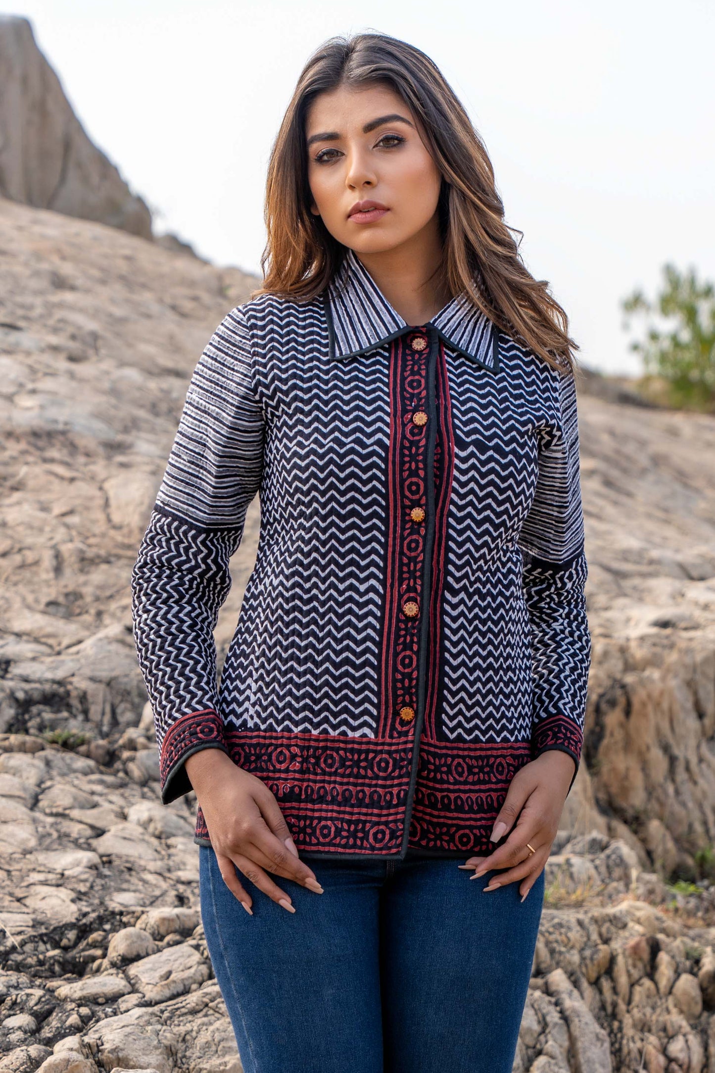 Black Bagru Hand Block Printed Quilted Jacket- NVQJ339 SALE