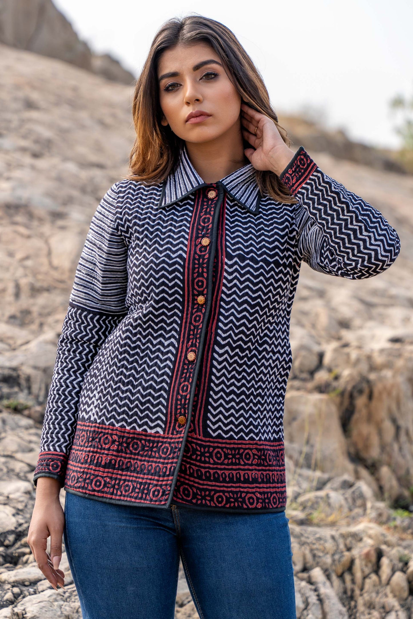 Black Bagru Hand Block Printed Quilted Jacket- NVQJ339 SALE