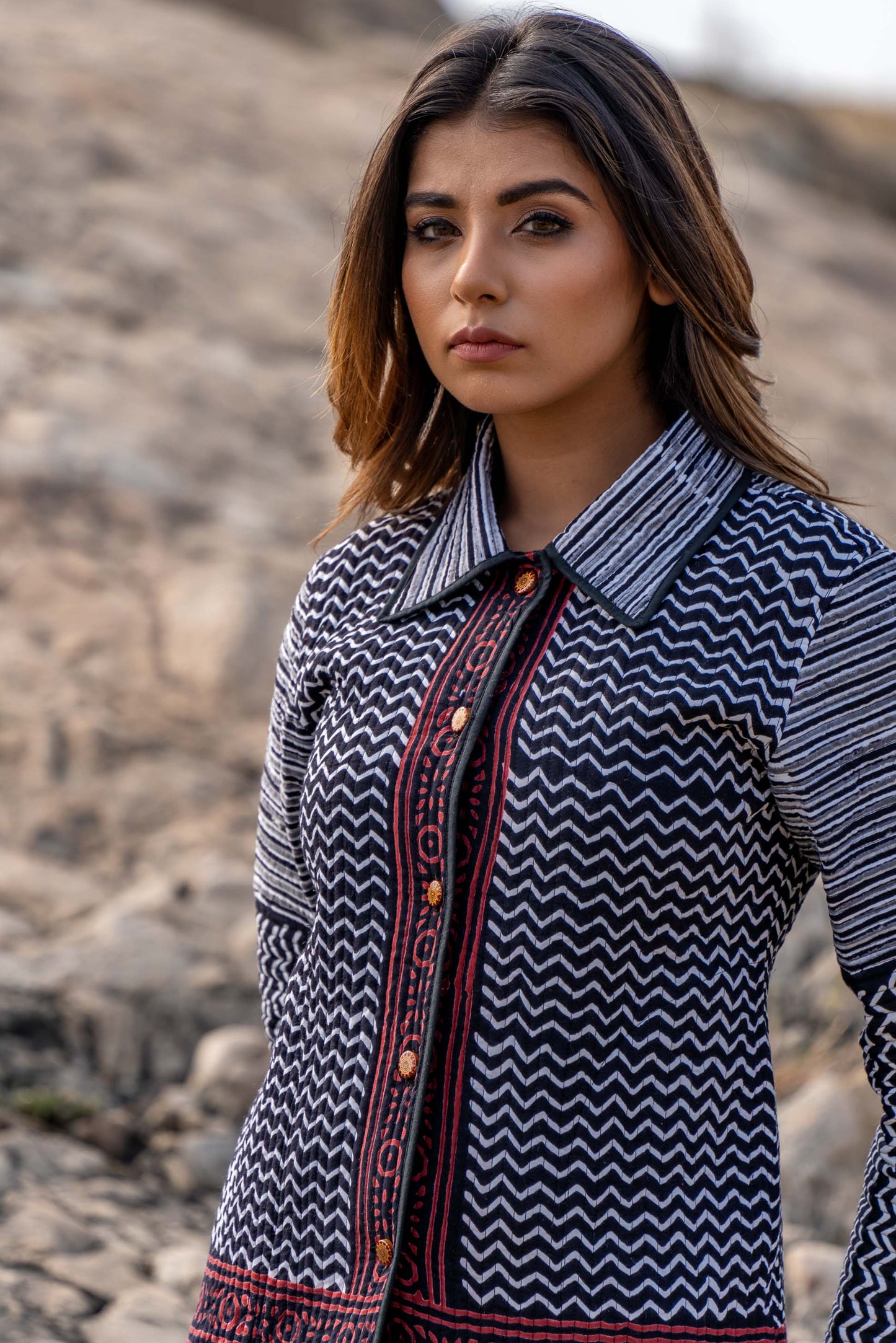Black Bagru Hand Block Printed Quilted Jacket- NVQJ339 SALE