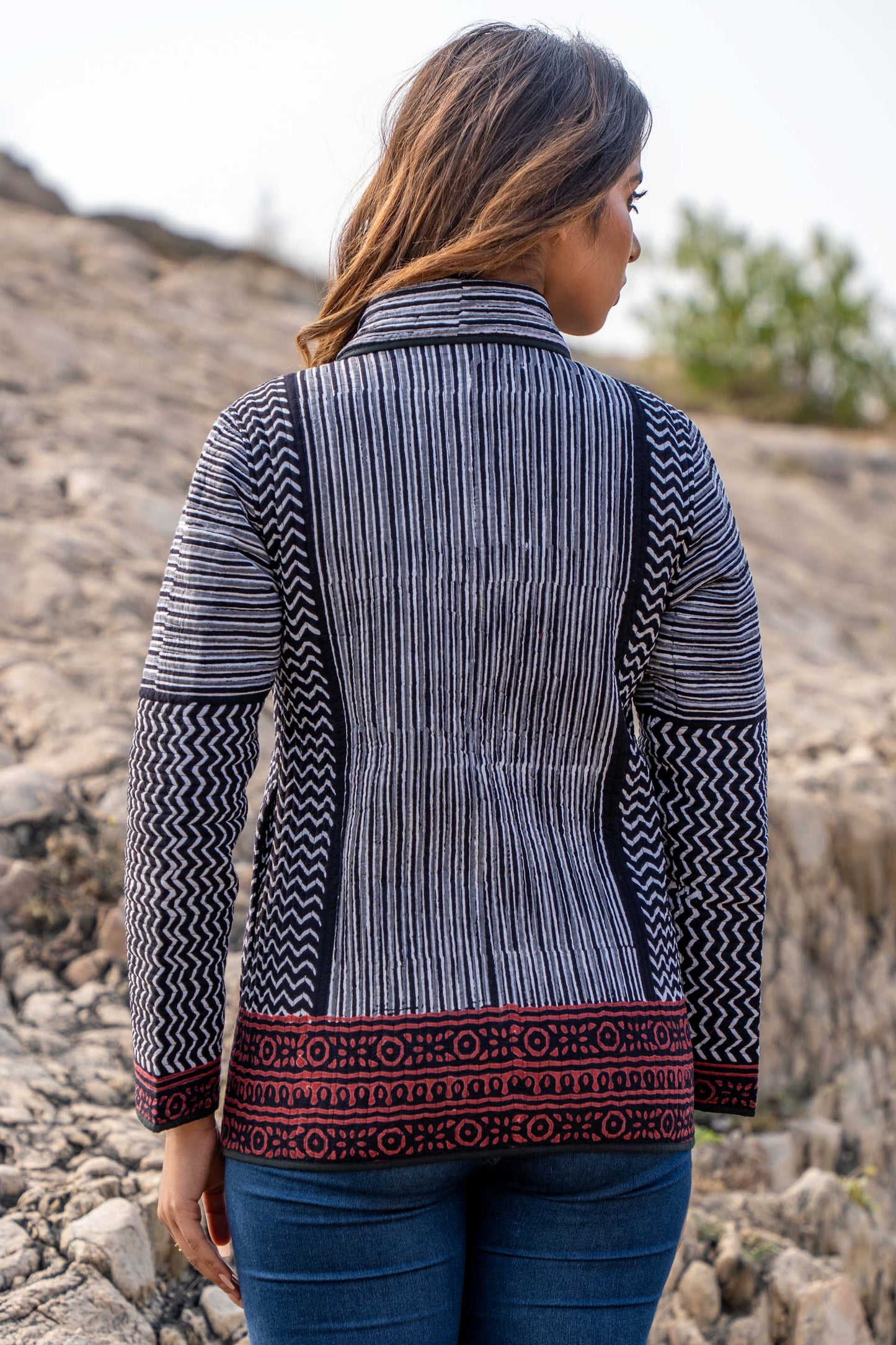 Black Bagru Hand Block Printed Quilted Jacket- NVQJ339 SALE