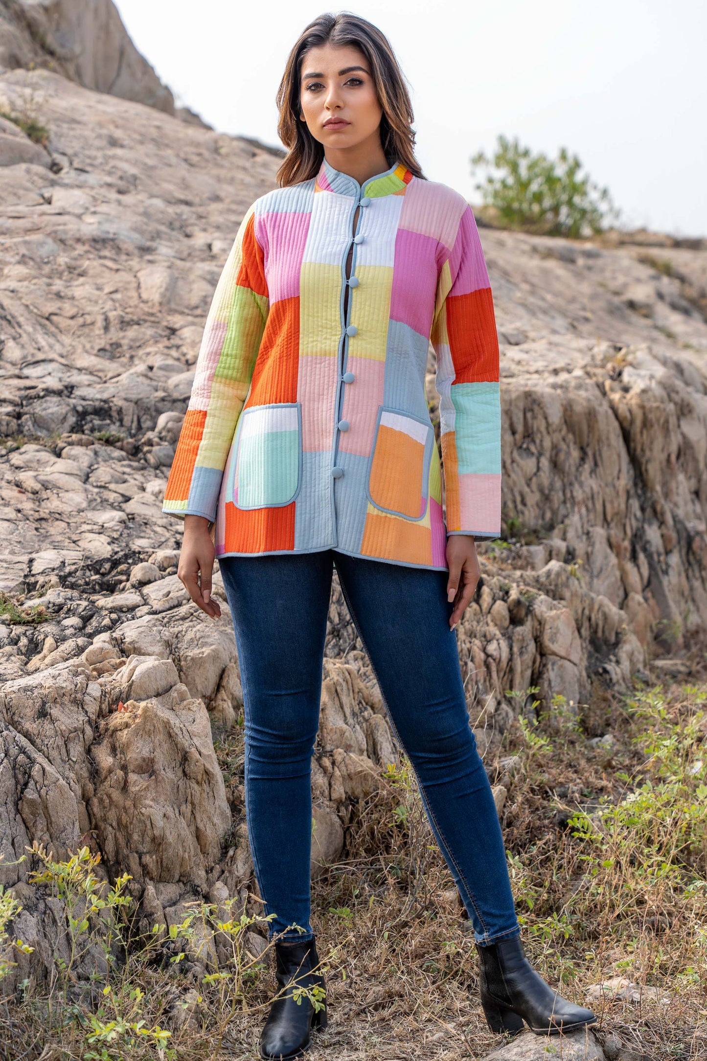 Multicolor Patchwork Reversible Quilted Jacket- NVQJ341