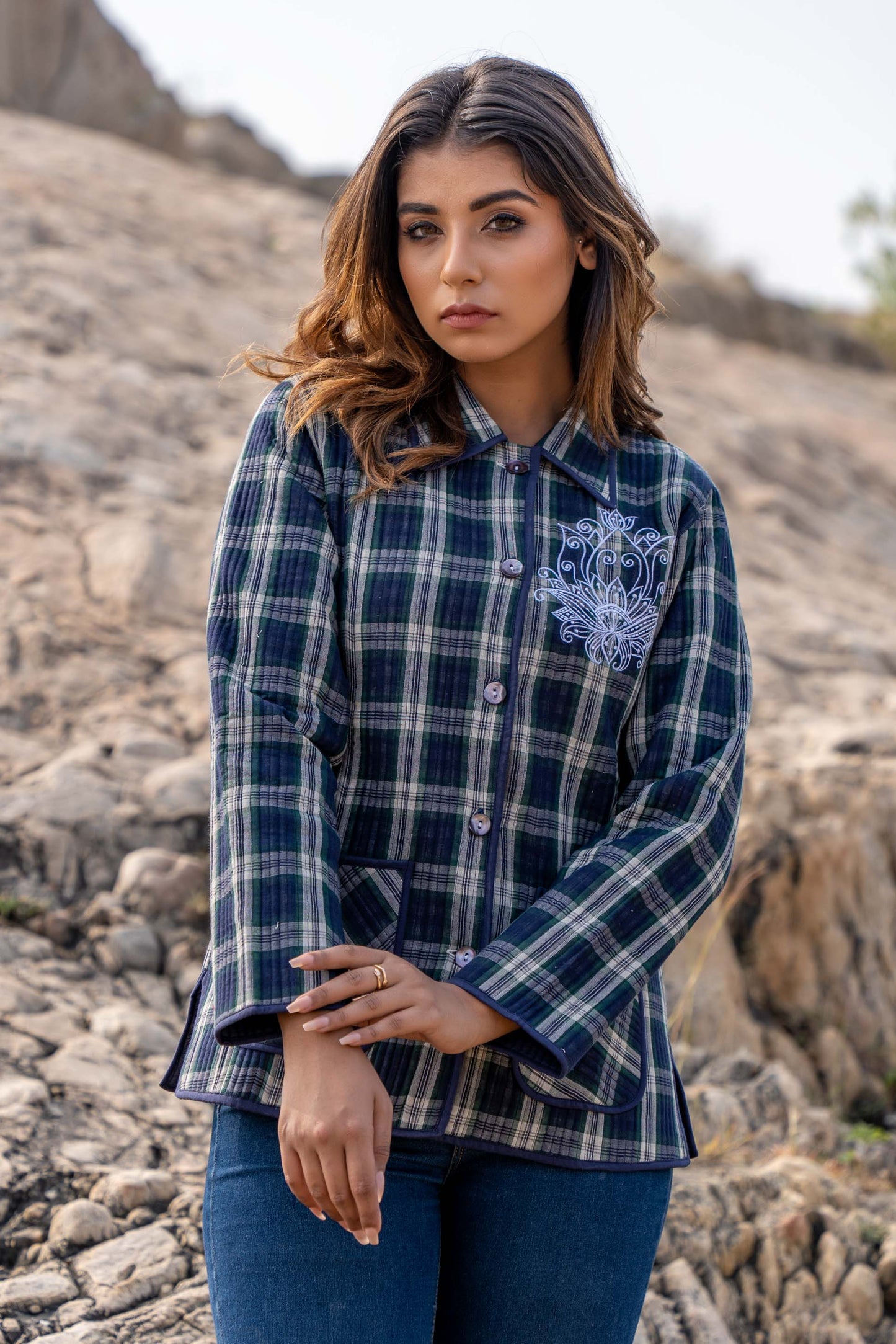 Blue Checks Quilted Embroidered Jacket- NVQJ343