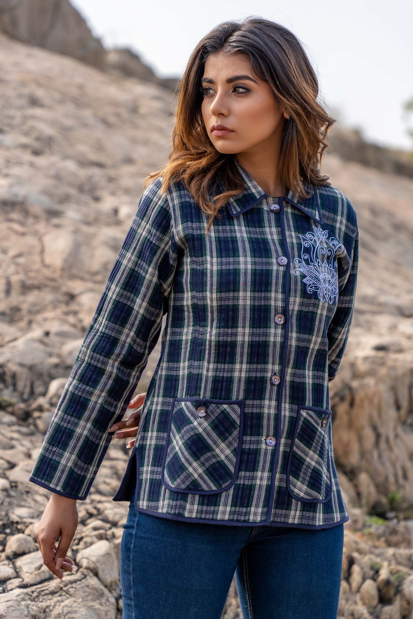 Blue Checks Quilted Embroidered Jacket- NVQJ343