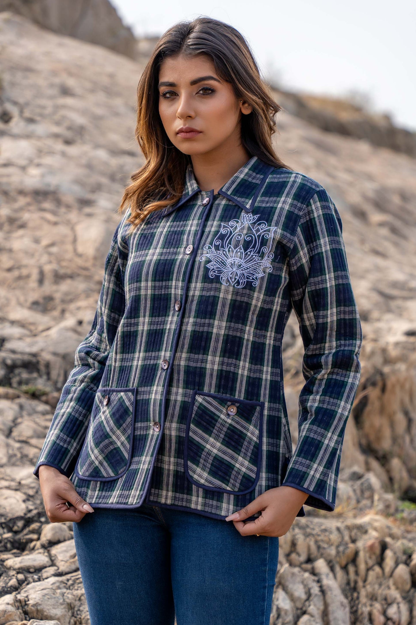 Blue Checks Quilted Embroidered Jacket- NVQJ343