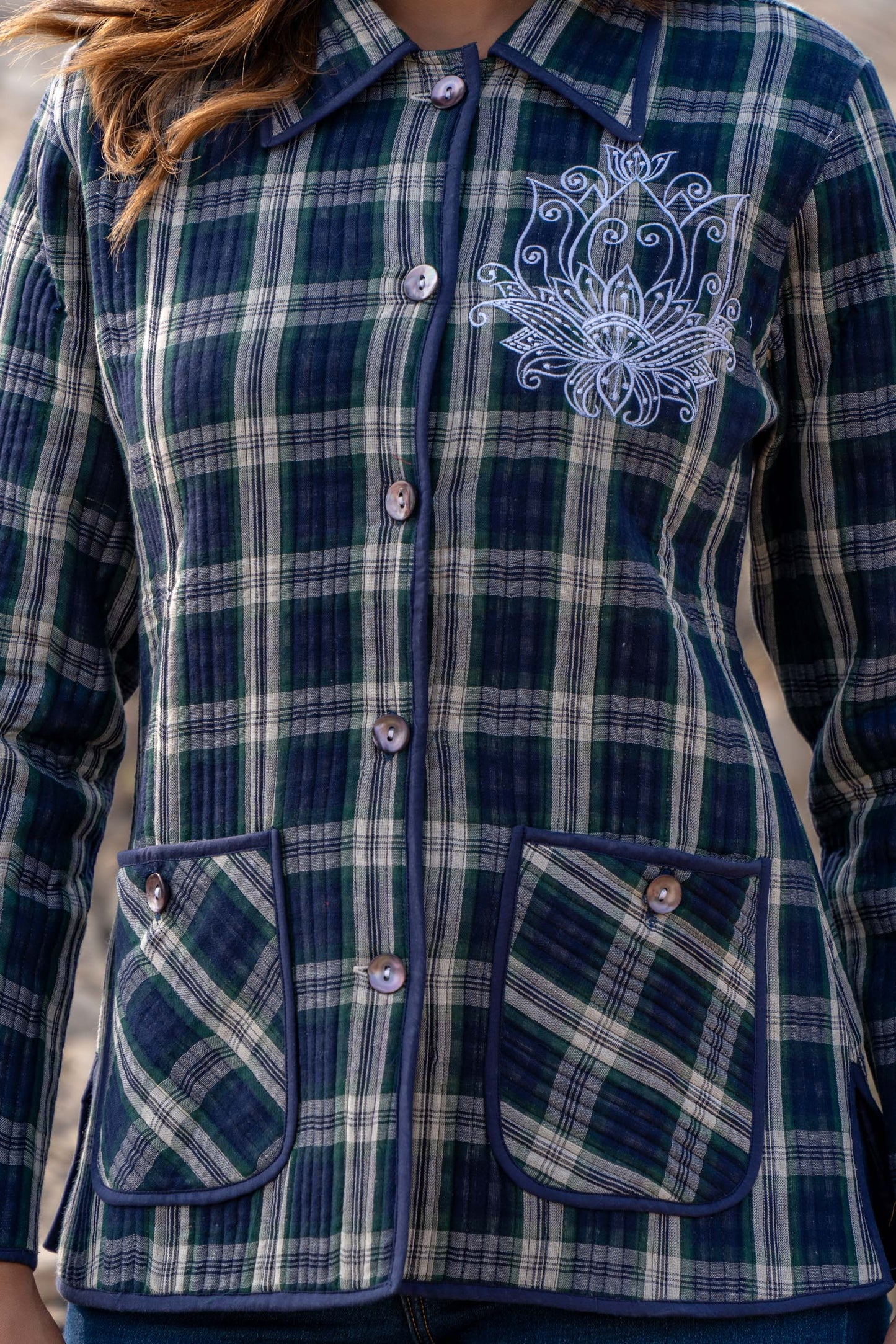 Blue Checks Quilted Embroidered Jacket- NVQJ343