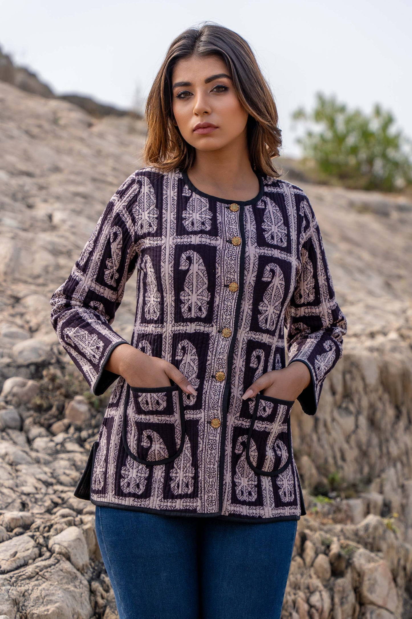 Paisley Bagh Block Printed Quilted Jacket- NVQJ336