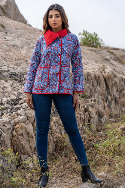 Blue Floral Block Print Quilted Bukhara Jacket- NVQJ350