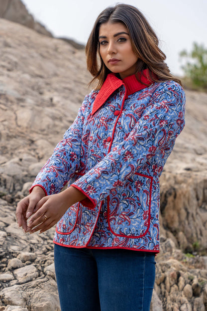 Blue Floral Block Print Quilted Bukhara Jacket- NVQJ350