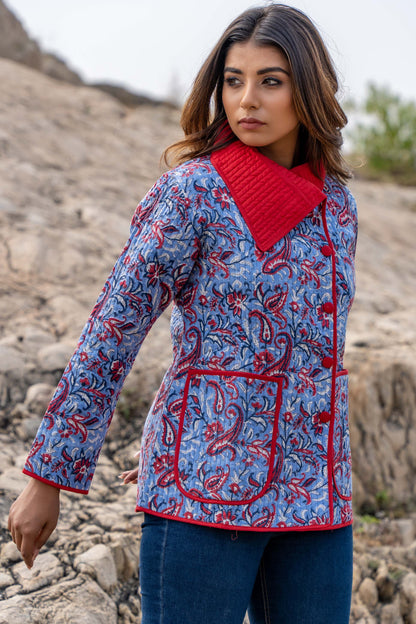 Blue Floral Block Print Quilted Bukhara Jacket- NVQJ350