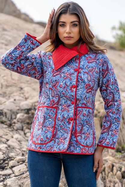 Blue Floral Block Print Quilted Bukhara Jacket- NVQJ350
