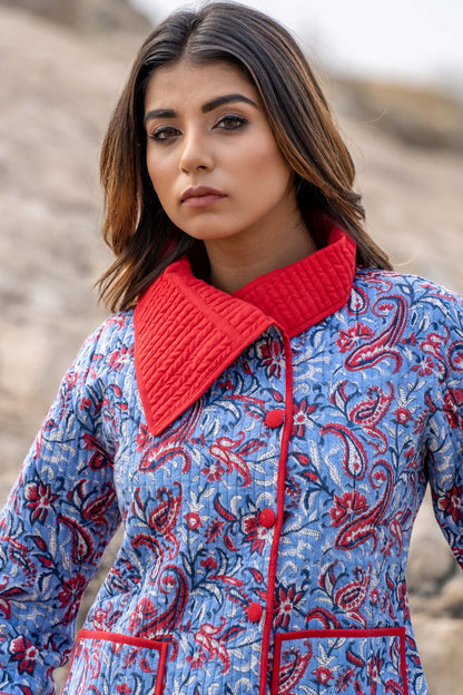 Blue Floral Block Print Quilted Bukhara Jacket- NVQJ350