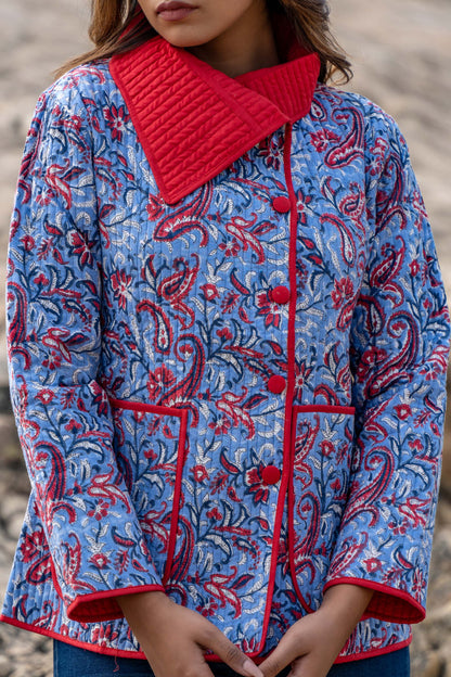 Blue Floral Block Print Quilted Bukhara Jacket- NVQJ350