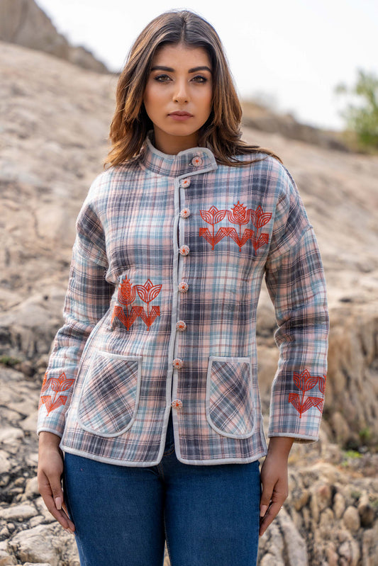 Grey Checks Quilted Embroidered Jacket- NVQJ345(2XL)