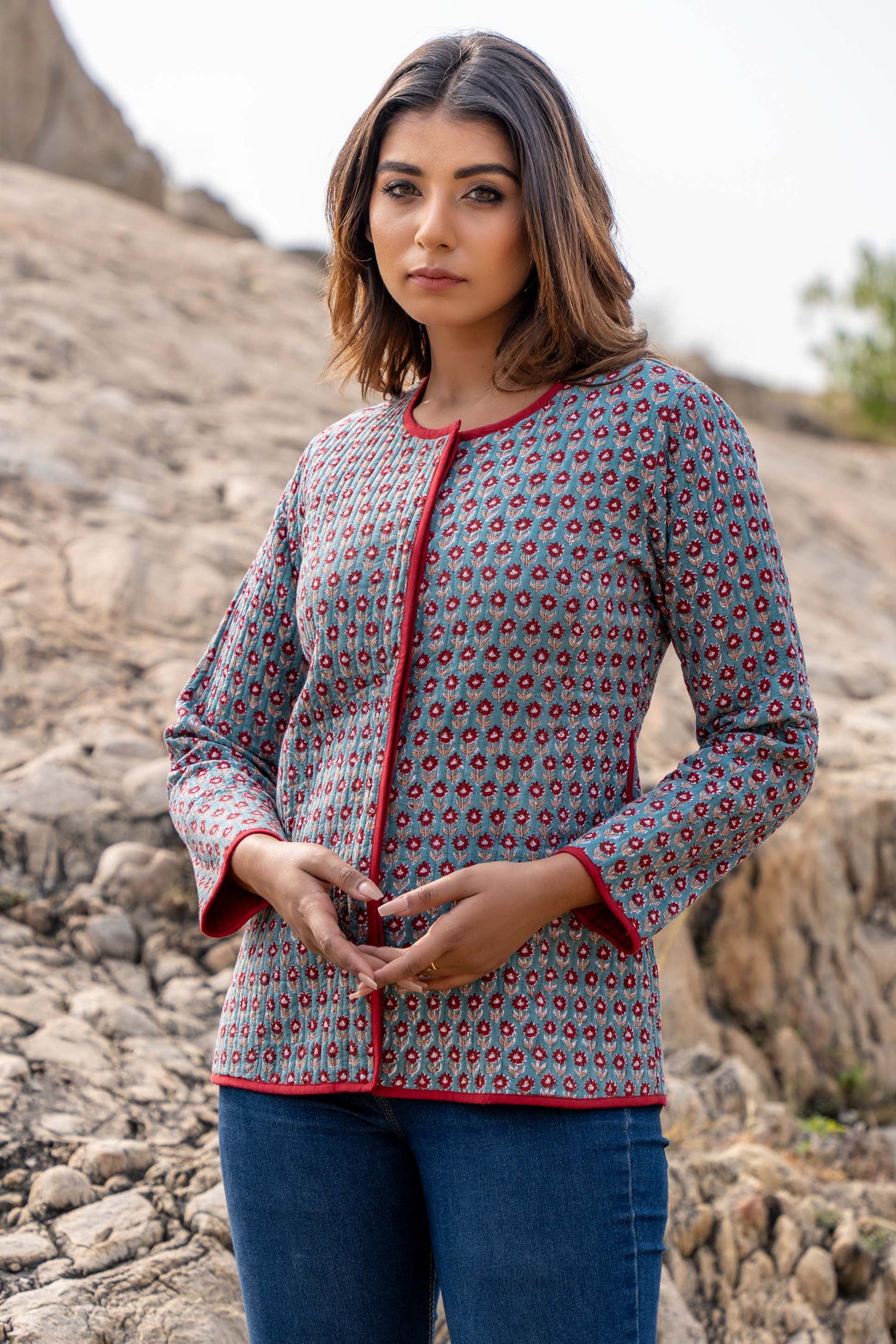 Green Red Hand Block Printed Quilted Jacket- NVQJ34 SALE