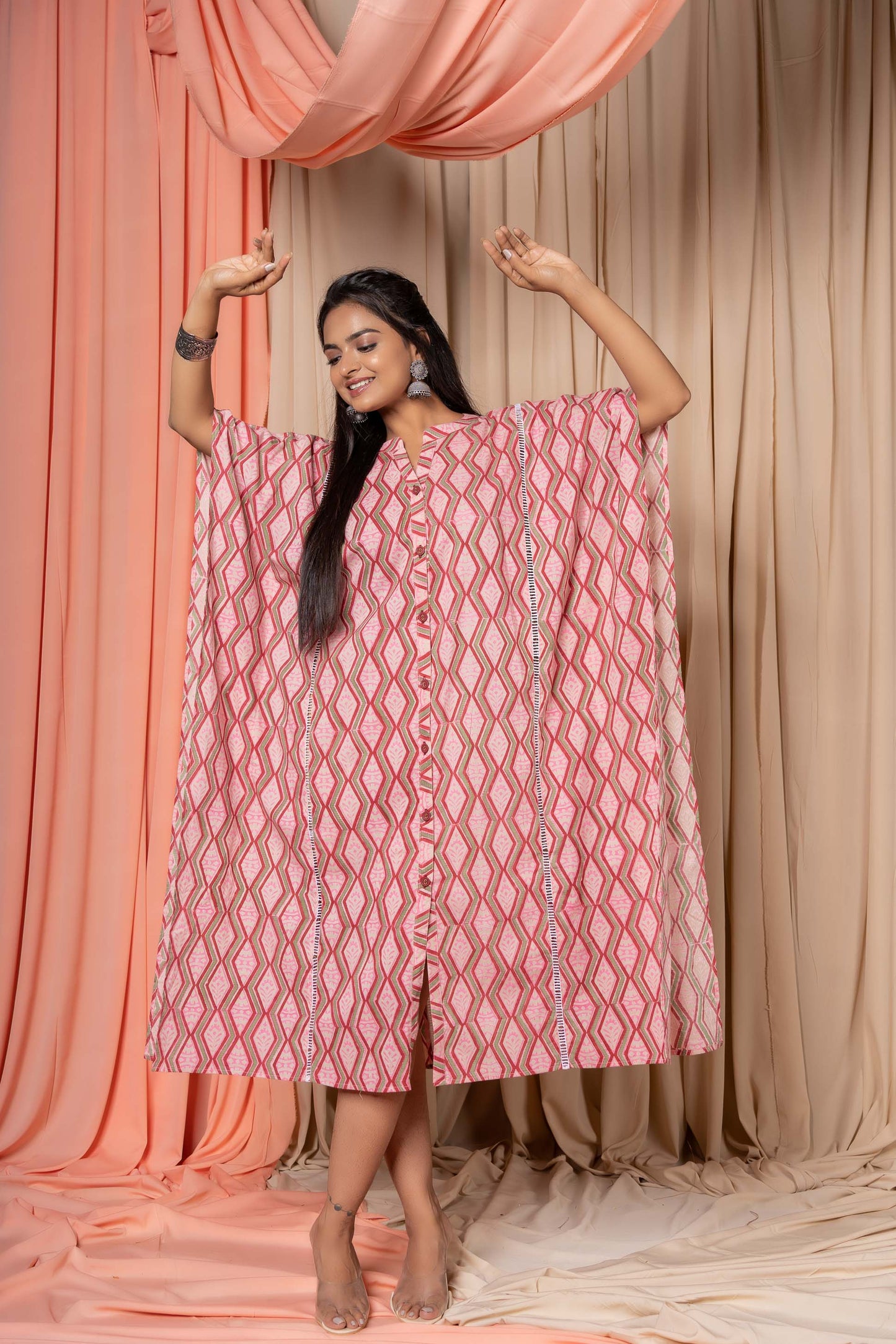 PINK BLOCK PRINTED COTTON KAFTAN-NVK335