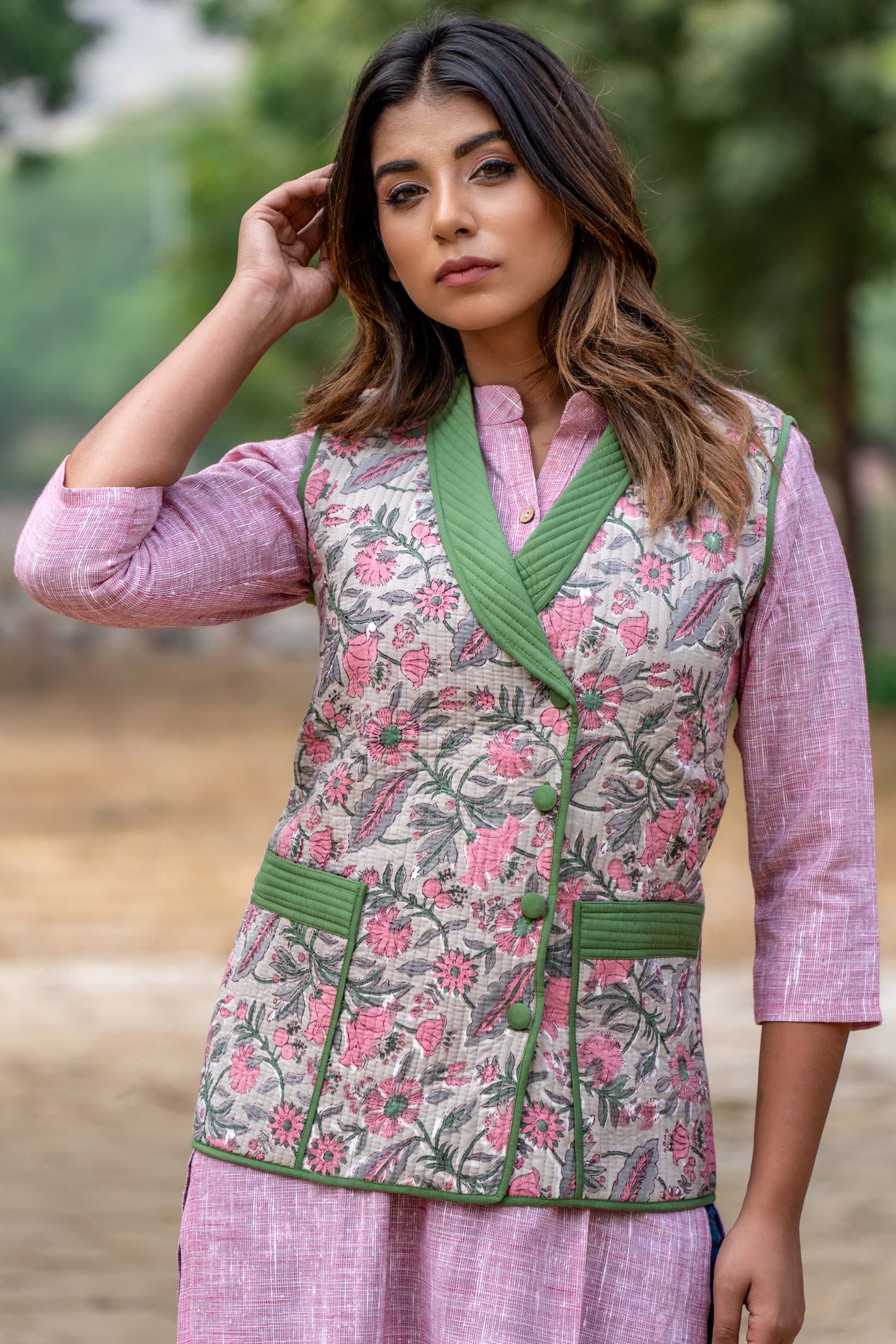 Floral Block Printed Quilted Sleeveless Jacket-NVQJ346