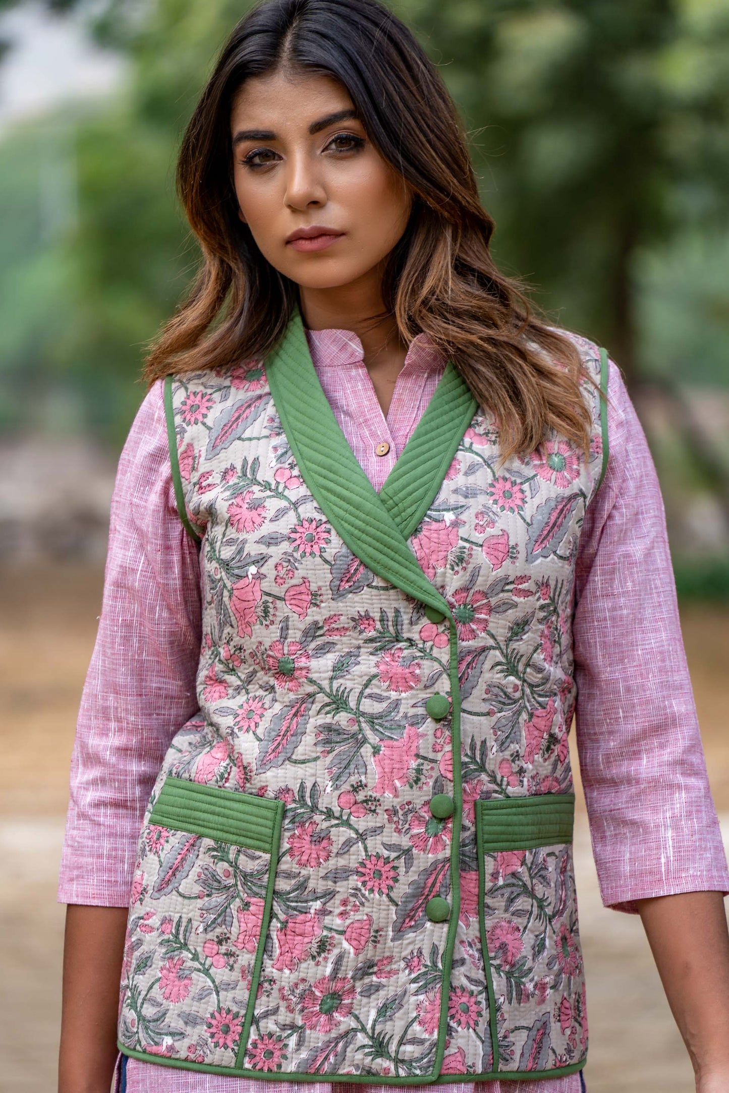 Floral Block Printed Quilted Sleeveless Jacket-NVQJ346